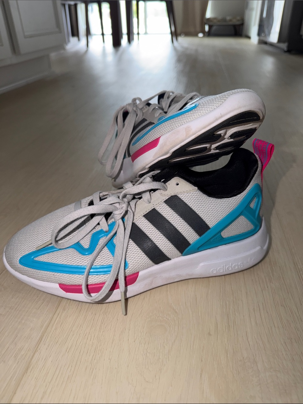 adidas kids White Athletic Sneakers with Blue & Pink Accents